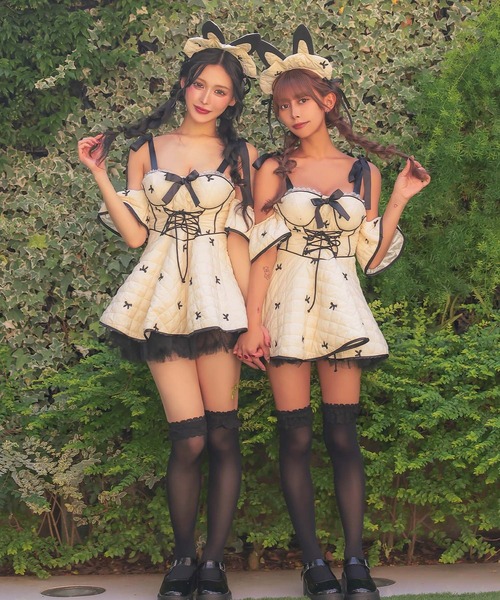 コスプレ セクシー バニー キルティング パイピング リボン フレアスカート オフショル ワンピース 3点セット イースター