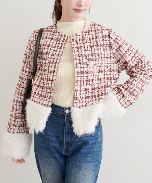 natural couture（ナチュラルクチュール）の「【WEB限定】シャギーファーツイードジャケット（その他アウター・レディース・レッド系その他/ブラック系その他/ブラウン系その他・FREE）」の3枚目の写真