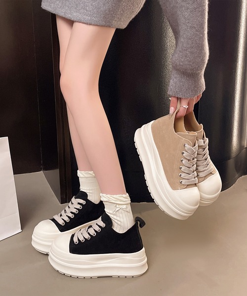 Lace Ladies(レースレディース)の「配色 スエードタッチ 厚底 フラット スニーカー(スニーカー・レディース・ブラック/ベージュ・22.5cm/23cm/23.5cm/24cm/24.5cm/25cm)」の6枚目の写真
