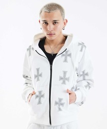 UNKNOWN LONDON（アンノウン・ロンドン）の「ジップフーディ｜White Cross Rhinestone Zip Hoodie｜Unknown London（ベスト）」
