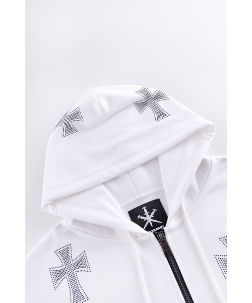UNKNOWN LONDON（アンノウン・ロンドン）の「ジップフーディ｜White Cross Rhinestone Zip Hoodie｜Unknown London（ベスト・メンズ・ホワイト・SMALL/LARGE）」の3枚目の写真