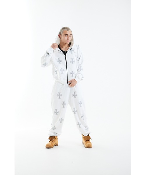セール】ジップフーディ｜White Cross Rhinestone Zip Hoodie｜Unknown