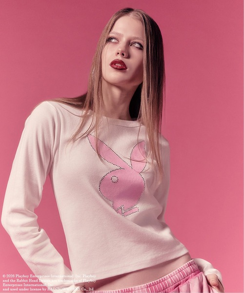 PLAYBOY（プレイボーイ）の「PLAYBOY × X-girl L/S BABY TEE（Tシャツ/カットソー・レディース・ホワイト/ブラック・ONE SIZE）」の2枚目の写真