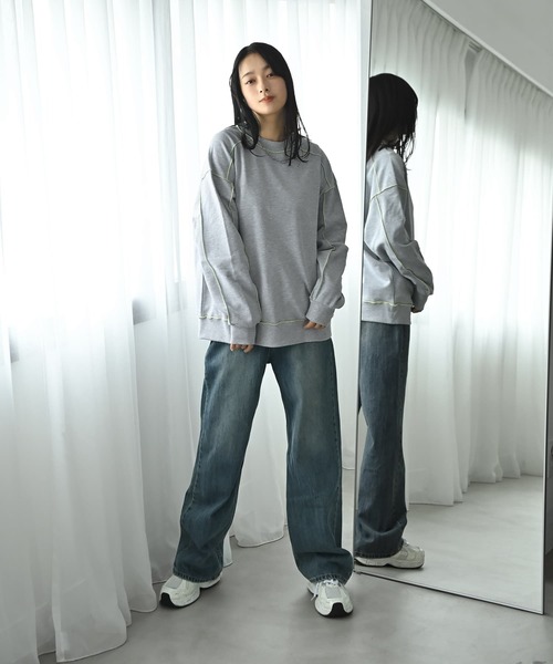 STYLE DELI(スタイルデリ)の「【BLK001】配色メローチュニックプルオーバー(スウェット・レディース・杢グレー/ブラック・FREE)」の3枚目の写真