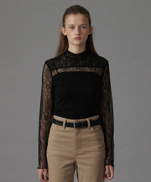 HIGH NECK LACE SHEER TOP BLACK