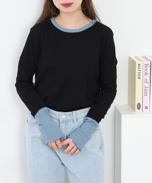 Quelle Chance(ケルシャンス)の「袖配色切替クルーネックTシャツ 長袖(Tシャツ/カットソー・レディース・ブルー/ブラック/キナリ/グレー・L/M)」の3枚目の写真