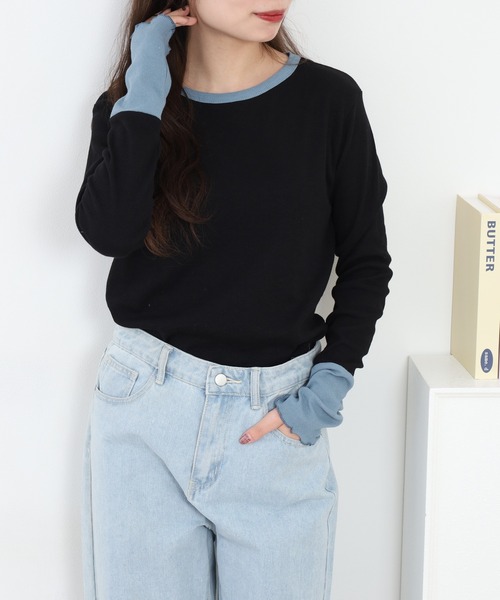 Quelle Chance(ケルシャンス)の「袖配色切替クルーネックTシャツ 長袖(Tシャツ/カットソー・レディース・ブルー/ブラック/キナリ/グレー・L/M)」の9枚目の写真