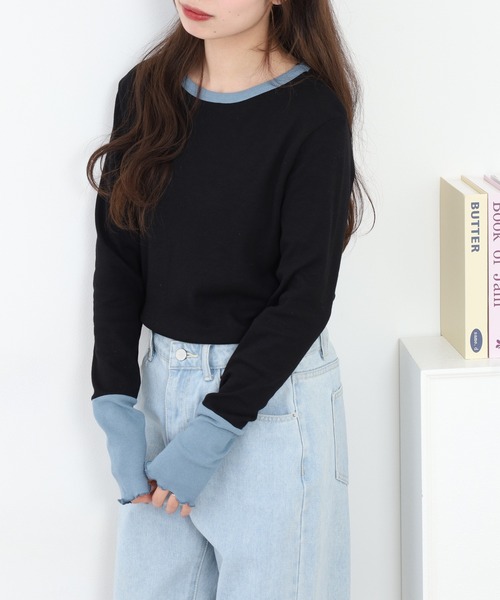 Quelle Chance(ケルシャンス)の「袖配色切替クルーネックTシャツ 長袖(Tシャツ/カットソー・レディース・ブルー/ブラック/キナリ/グレー・L/M)」の10枚目の写真