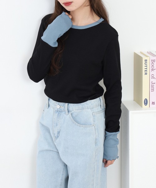 Quelle Chance(ケルシャンス)の「袖配色切替クルーネックTシャツ 長袖(Tシャツ/カットソー・レディース・ブルー/ブラック/キナリ/グレー・L/M)」の11枚目の写真