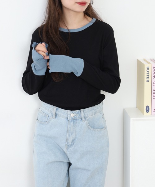 Quelle Chance(ケルシャンス)の「袖配色切替クルーネックTシャツ 長袖(Tシャツ/カットソー・レディース・ブルー/ブラック/キナリ/グレー・L/M)」の12枚目の写真