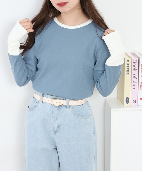 Quelle Chance(ケルシャンス)の「袖配色切替クルーネックTシャツ 長袖(Tシャツ/カットソー・レディース・ブルー/ブラック/キナリ/グレー・L/M)」の13枚目の写真