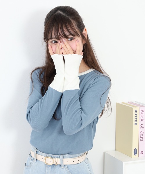 Quelle Chance(ケルシャンス)の「袖配色切替クルーネックTシャツ 長袖(Tシャツ/カットソー・レディース・ブルー/ブラック/キナリ/グレー・L/M)」の14枚目の写真
