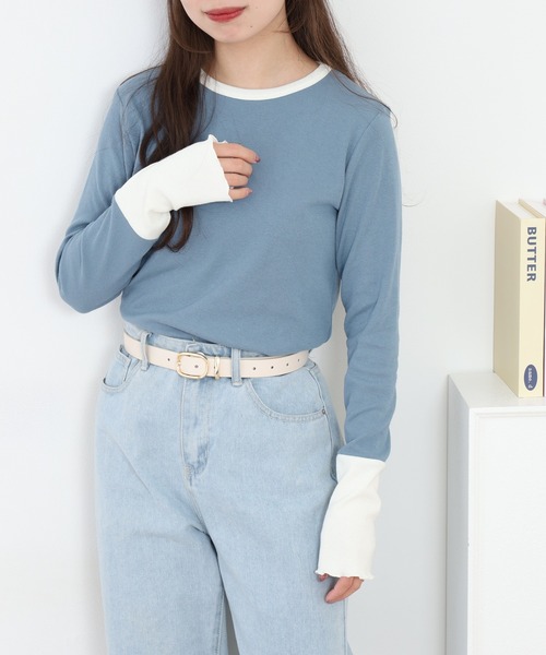 Quelle Chance(ケルシャンス)の「袖配色切替クルーネックTシャツ 長袖(Tシャツ/カットソー・レディース・ブルー/ブラック/キナリ/グレー・L/M)」の15枚目の写真