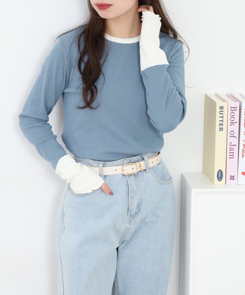 Quelle Chance(ケルシャンス)の「袖配色切替クルーネックTシャツ 長袖(Tシャツ/カットソー・レディース・ブルー/ブラック/キナリ/グレー・L/M)」の16枚目の写真