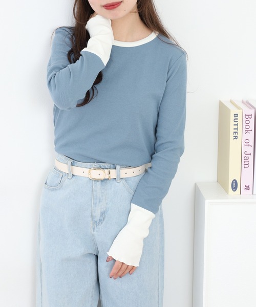 Quelle Chance(ケルシャンス)の「袖配色切替クルーネックTシャツ 長袖(Tシャツ/カットソー・レディース・ブルー/ブラック/キナリ/グレー・L/M)」の17枚目の写真