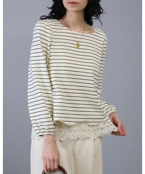 Doumoi(ドゥモエ)の「裾レース付きボーダー柄デザイン プルオーバー(Tシャツ/カットソー・レディース・アイボリー/ブラック・FREE)」の9枚目の写真