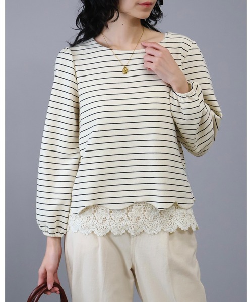 Doumoi(ドゥモエ)の「裾レース付きボーダー柄デザイン プルオーバー(Tシャツ/カットソー・レディース・アイボリー/ブラック・FREE)」の10枚目の写真