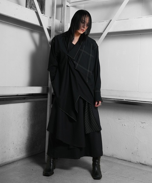Ruze(ルゼ)の「Asymmetry stripe MIX drape wide pants/アシンメトリー ストライプミックス ドレープ ワイド パンツ(その他パンツ・メンズ・ブラック・FREE)」の6枚目の写真