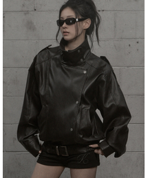 KHAKIPOINT(�J�[�L�|�C���g)��Structured High-Neck Leather Jacket (dark brown)(���C�_�[�X�W���P�b�g)