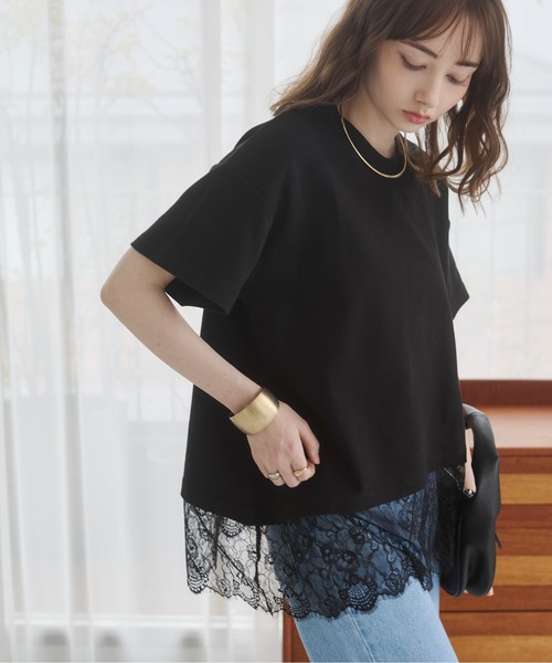 ANGIE(アンジー)の「裾レース ドッキング Tシャツ / 半袖 / 夏服(Tシャツ/カットソー・レディース・ホワイト/ブラック・FREE)」の3枚目の写真