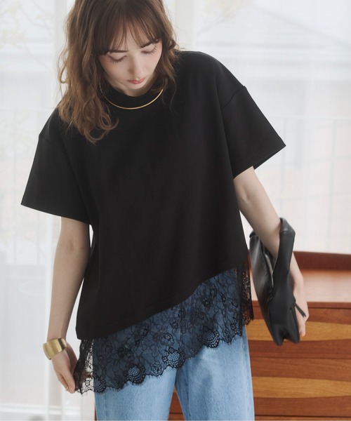 ANGIE(アンジー)の「裾レース ドッキング Tシャツ / 半袖 / 夏服(Tシャツ/カットソー・レディース・ホワイト/ブラック・FREE)」の6枚目の写真