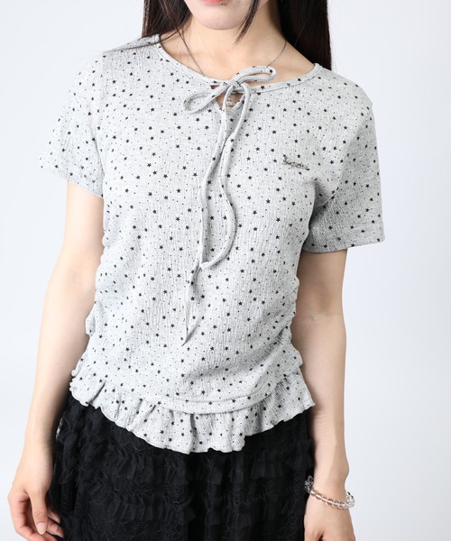 HOOK(フック)の「HOOK for girls 星柄フロントリボンペプラム半袖トップス (SS)(Tシャツ/カットソー・レディース・ホワイト/グレー・FREE)」の1枚目の写真