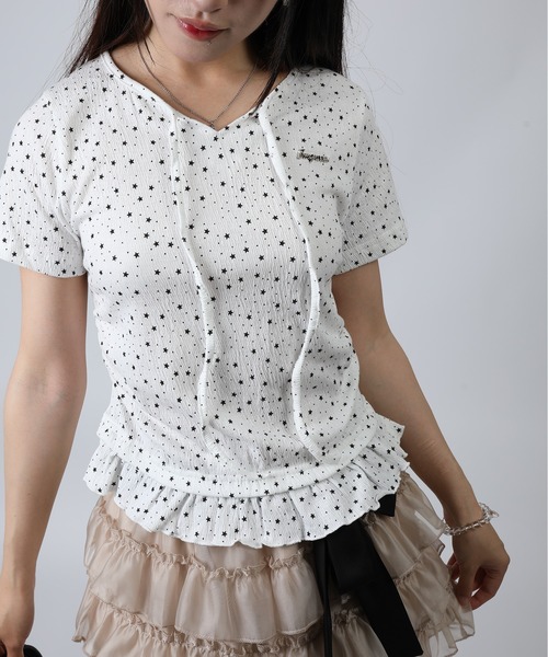 HOOK(フック)の「HOOK for girls 星柄フロントリボンペプラム半袖トップス (SS)(Tシャツ/カットソー・レディース・ホワイト/グレー・FREE)」の2枚目の写真