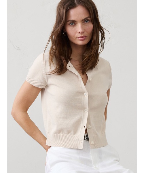 BANANA REPUBLIC FACTORY STORE(バナナリパブリック ファクトリーストア)の「BANANA REPUBLIC FACTORY STORE コットンクロップドニットカーディガン(カーディガン/ボレロ・レディース・ブラウン/オフホワイト・S/M/L/XS)」の1枚目の写真