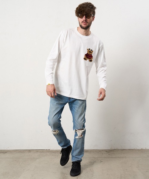 STUD MUFFIN(スタッドマフィン)の「mlt5687- 5.6ozコットン天竺 カートべアシークインパッチワークLS Tシャツ(624-02901)(Tシャツ/カットソー・メンズ・ブラック/チャコールグレー/ブルー/ホワイト・2/3/4)」の6枚目の写真