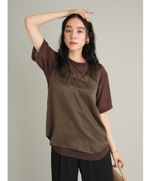Mila Owen(ミラオーウェン)の「シアーレイヤードサテントップス(Tシャツ/カットソー・レディース・ネイビー/ダークブラウン/アイボリー・F)」の3枚目の写真