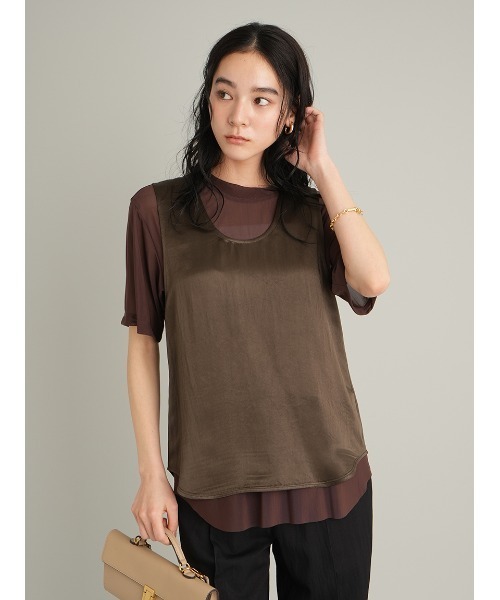 Mila Owen(ミラオーウェン)の「シアーレイヤードサテントップス(Tシャツ/カットソー・レディース・ネイビー/ダークブラウン/アイボリー・F)」の7枚目の写真