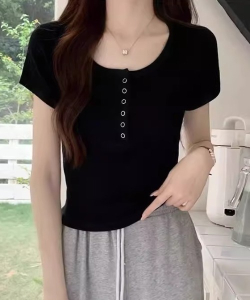 Teem Store(チームストア)の「ヘンリーネックリブトップス 半袖カットソー(Tシャツ/カットソー・レディース・ホワイト/ブラック/グレー・S/M)」の3枚目の写真