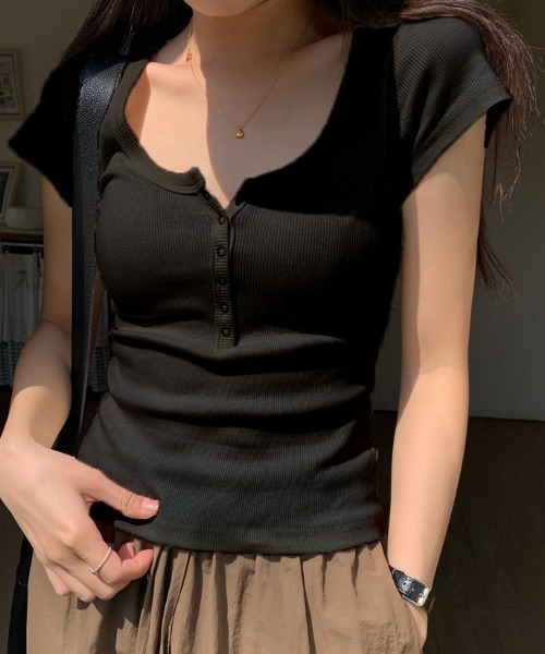 Teem Store(チームストア)の「ヘンリーネックリブトップス 半袖カットソー(Tシャツ/カットソー・レディース・ホワイト/ブラック/グレー・S/M)」の12枚目の写真