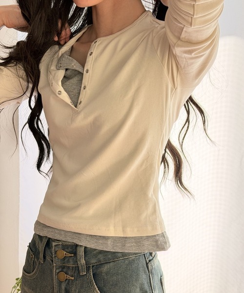 murir(ミュリール)の「カラーブロック レイヤードトップス(Tシャツ/カットソー・レディース・ホワイト・MEDIUM)」の2枚目の写真