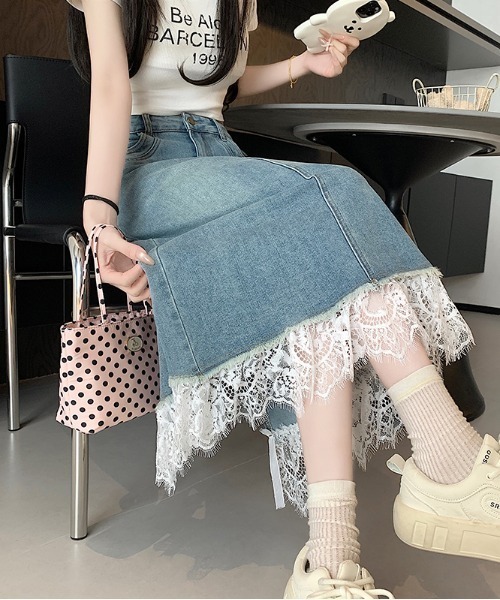 CHUL（チュル）の「レース切替デニムナローロングスカート（スカート・レディース・ブルー・X-LARGE/LARGE/MEDIUM/SMALL）」の2枚目の写真