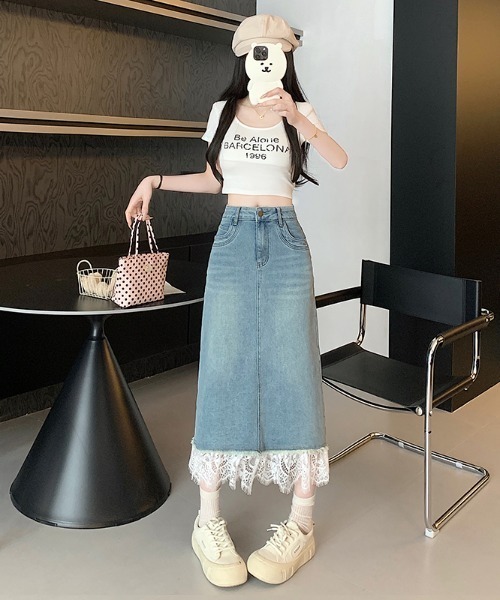 CHUL（チュル）の「レース切替デニムナローロングスカート（スカート・レディース・ブルー・X-LARGE/LARGE/MEDIUM/SMALL）」の3枚目の写真