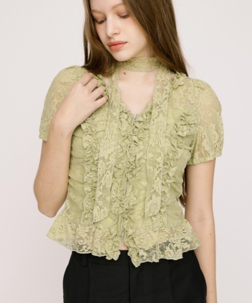 SLY(スライ)の「FRILL LACE ZIP UP TOPS フリルレースジップアップトップス 夏服(シャツ/ブラウス・レディース・ブラウン/ライトグリーン/ブラック/アイボリー・FREE)」の4枚目の写真