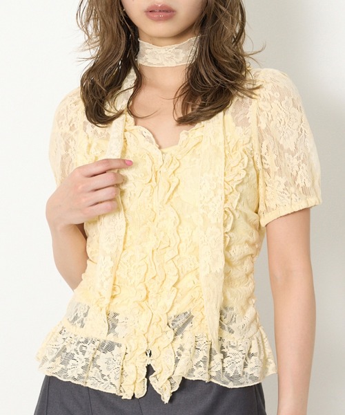 SLY(スライ)の「FRILL LACE ZIP UP TOPS フリルレースジップアップトップス 夏服(シャツ/ブラウス・レディース・ブラウン/ライトグリーン/ブラック/アイボリー・FREE)」の1枚目の写真