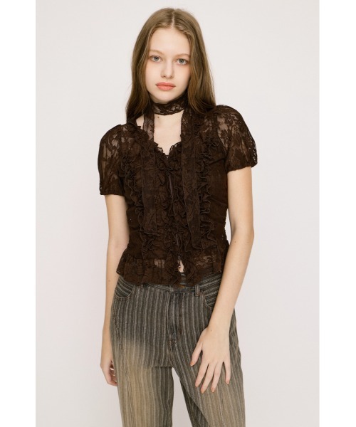 SLY(スライ)の「FRILL LACE ZIP UP TOPS フリルレースジップアップトップス 夏服(シャツ/ブラウス・レディース・ブラウン/ライトグリーン/ブラック/アイボリー・FREE)」の16枚目の写真
