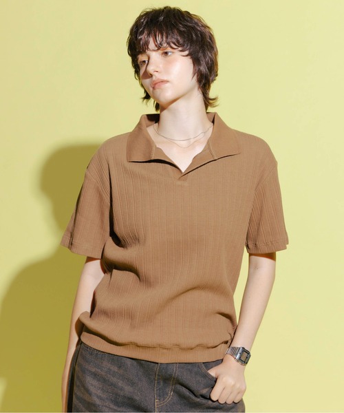 Zooodle(ズードル)の「Rib Skipper Polo Shirt - リブスキッパーポロシャツ -(ポロシャツ・メンズ・ブラウン/ブラック・MEDIUM/LARGE)」の1枚目の写真