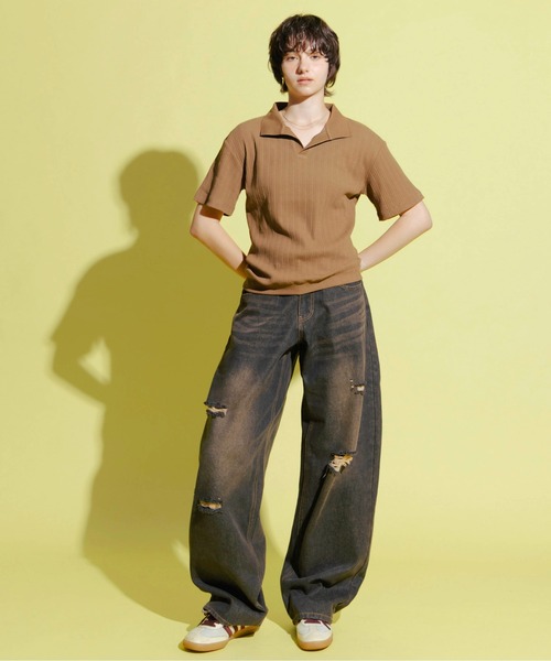 Zooodle(ズードル)の「Rib Skipper Polo Shirt - リブスキッパーポロシャツ -(ポロシャツ・メンズ・ブラウン/ブラック・MEDIUM/LARGE)」の6枚目の写真