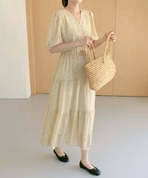 【儚げシフォン×微細ドット】 ドットシフォンワンピース ドット パフスリーブワンピース 半袖 ドットワンピース シフォンワンピース ティアード Vネック 春服 夏服