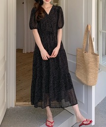 【儚げシフォン×微細ドット】 ドットシフォンワンピース ドット パフスリーブワンピース 半袖 ドットワンピース シフォンワンピース ティアード Vネック 春服 夏服