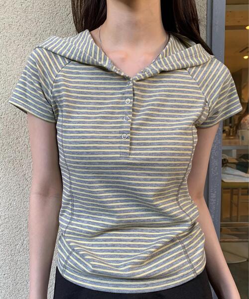 FREE'S MART(フリーズマート)の「◆スキッパー半袖カットソーフーディー(Tシャツ/カットソー・レディース・ネイビー/ホワイト/グレー系その他/グレー系その他2・FREE)」の6枚目の写真