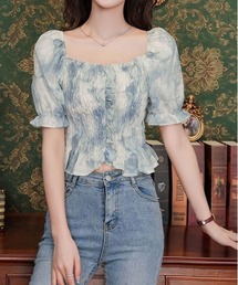 ニュアンスデザインスクエアネックパフスリーブ半袖ブラウス