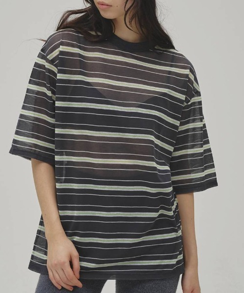 TODAYFUL（トゥデイフル）の「[TODAYFUL/トゥデイフル] シアーボーダーカットソー（Tシャツ/カットソー・レディース・ネイビー/ライトグリーン・F）」の2枚目の写真