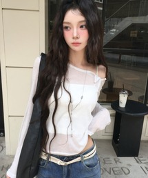 変形ヘンリーネックオフショルダーシアー長袖Tシャツ