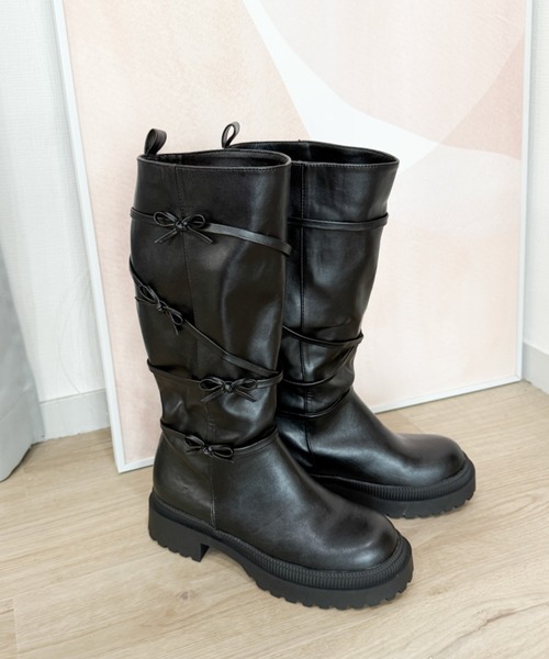 WEGO(ウィゴー)の「WEGO/リボンデザインロングブーツ(ブーツ・レディース・ブラック・SMALL/LARGE/MEDIUM)」の2枚目の写真
