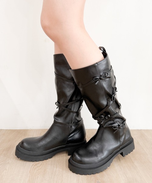 WEGO(ウィゴー)の「WEGO/リボンデザインロングブーツ(ブーツ・レディース・ブラック・SMALL/LARGE/MEDIUM)」の4枚目の写真