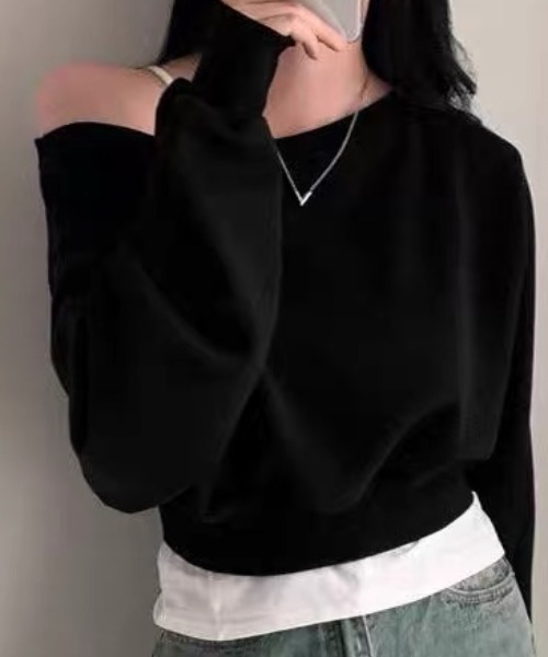ampm(エーエムピーエム)の「スウェット オフショルダートップス ワンショルダークロップド丈 トレーナー(Tシャツ/カットソー・レディース・ホワイト/ブラック/グレー・FREE)」の19枚目の写真